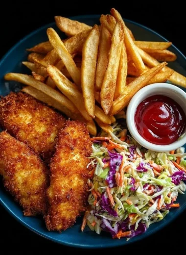 Golden chicken tenders served with coleslaw and fries on a plate
