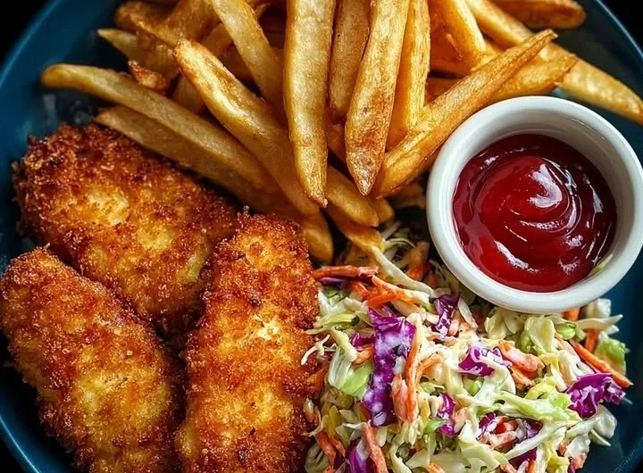 Golden chicken tenders served with coleslaw and fries on a plate
