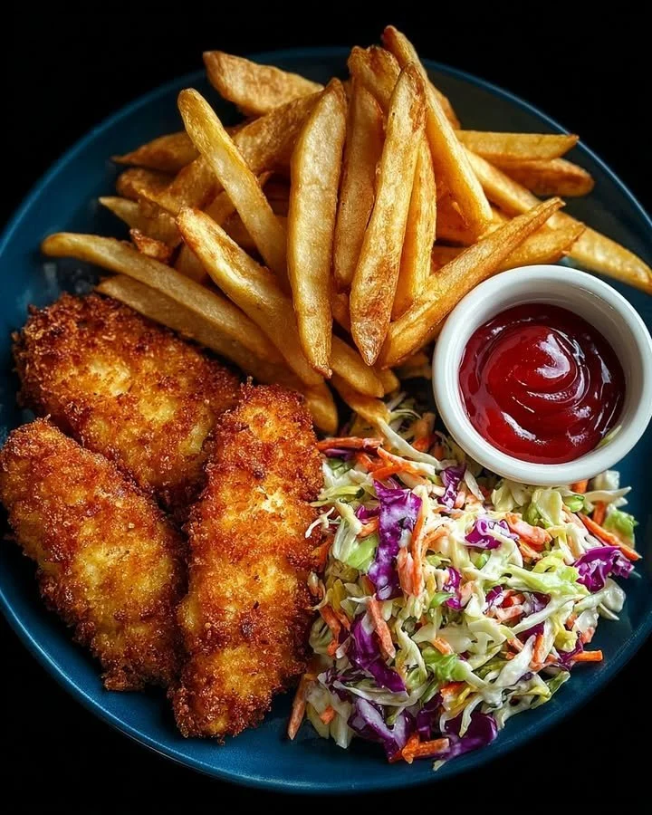 Golden Chicken Tenders with Coleslaw and Fries 27 Golden chicken tenders served with coleslaw and fries on a plate