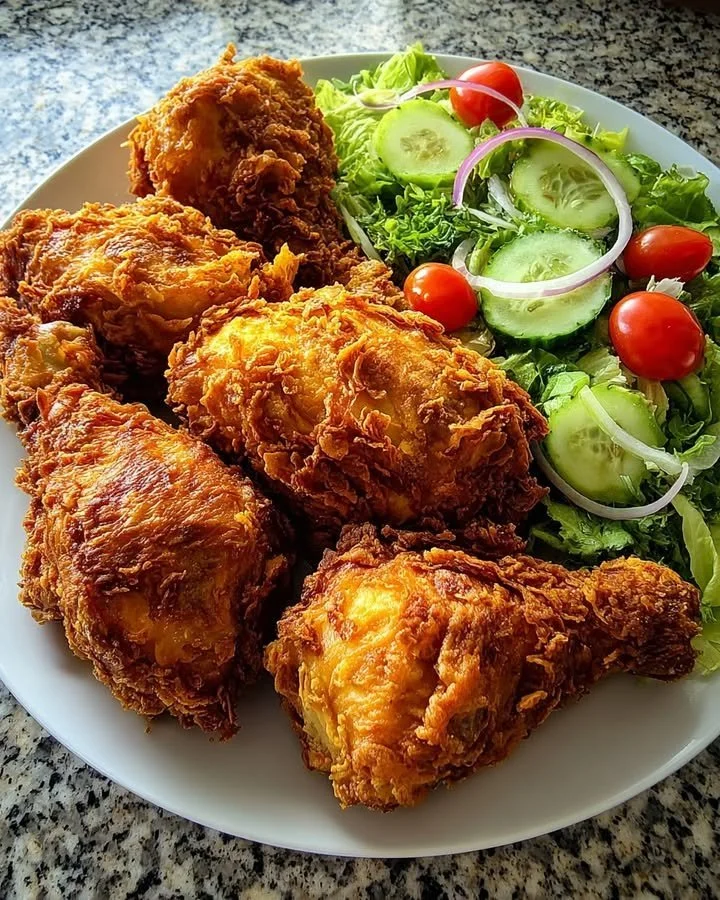 Golden Southern Fried Chicken served with a colorful garden salad