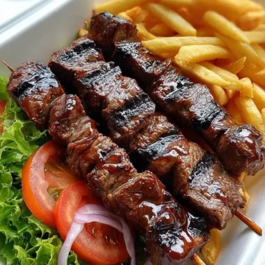 Grilled Beef Skewers & Crispy Fries 34 Delicious grilled beef skewers served with crispy fries on a plate