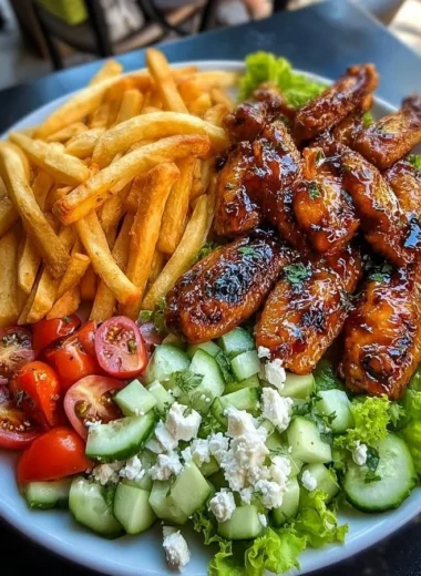 Grilled chicken wings served with fries and salad on a plate