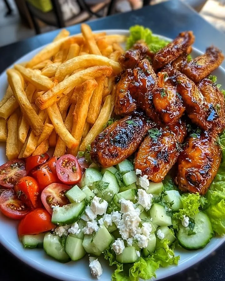 Grilled chicken wings served with fries and salad on a plate