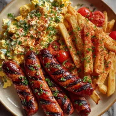 Delicious grilled sausages served with seasoned fries and creamy egg salad