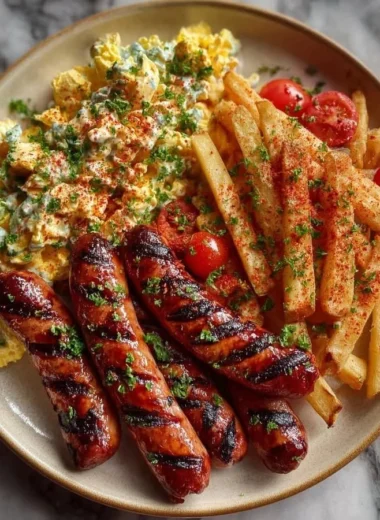 Delicious grilled sausages served with seasoned fries and creamy egg salad