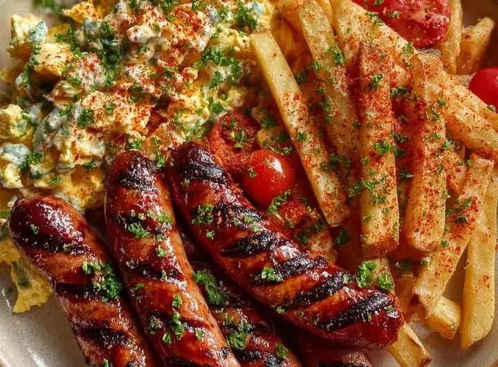 Delicious grilled sausages served with seasoned fries and creamy egg salad