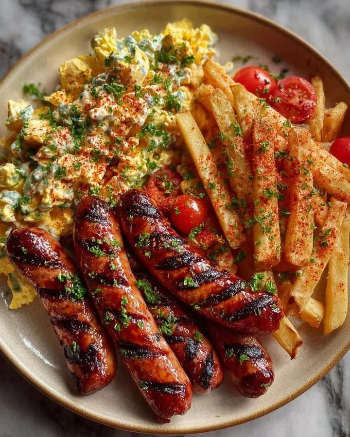Delicious grilled sausages served with seasoned fries and creamy egg salad
