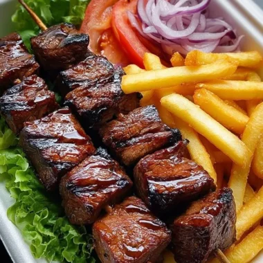 Grilled steak skewers with crispy fries and fresh salad on a rustic table
