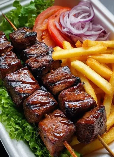 Grilled steak skewers with crispy fries and fresh salad on a rustic table