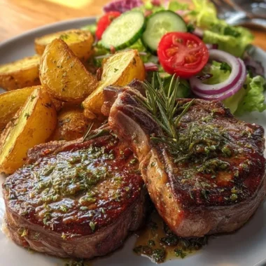 Delicious herb butter lamb chops with roasted potatoes and a fresh garden salad