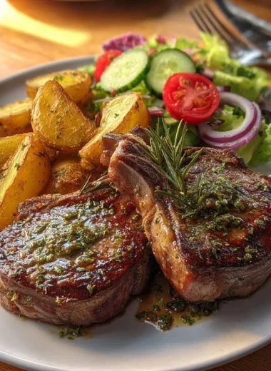 Delicious herb butter lamb chops with roasted potatoes and a fresh garden salad