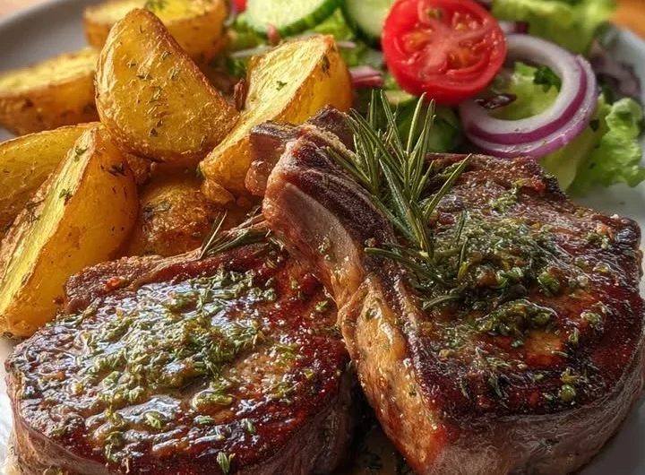Delicious herb butter lamb chops with roasted potatoes and a fresh garden salad