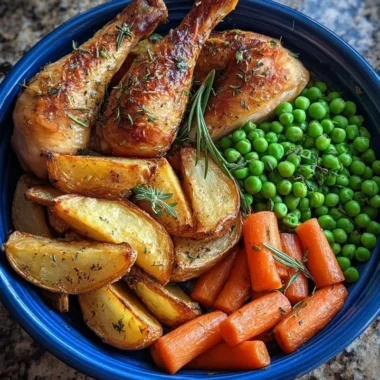 Herb roasted chicken drumsticks served with potato wedges, peas, and carrots.