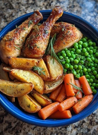 Herb roasted chicken drumsticks served with potato wedges, peas, and carrots.