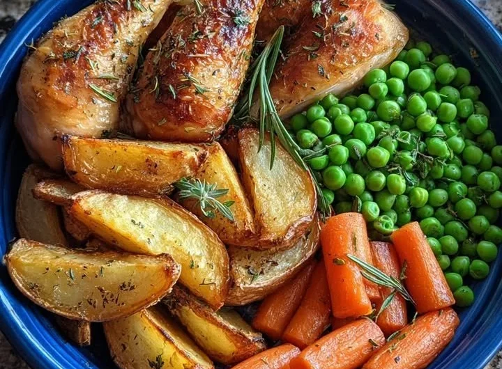 Herb roasted chicken drumsticks served with potato wedges, peas, and carrots.
