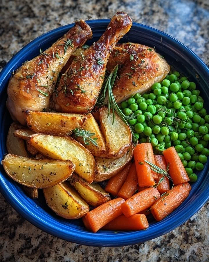 Herb Roasted Chicken Drumsticks with Potato Wedges, Peas & Carrots 33 Herb roasted chicken drumsticks served with potato wedges, peas, and carrots.
