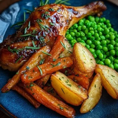 Herb Roasted Chicken leg quarter with baby potatoes, honey carrots, and peas