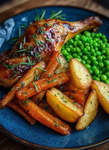 Herb Roasted Chicken leg quarter with baby potatoes, honey carrots, and peas