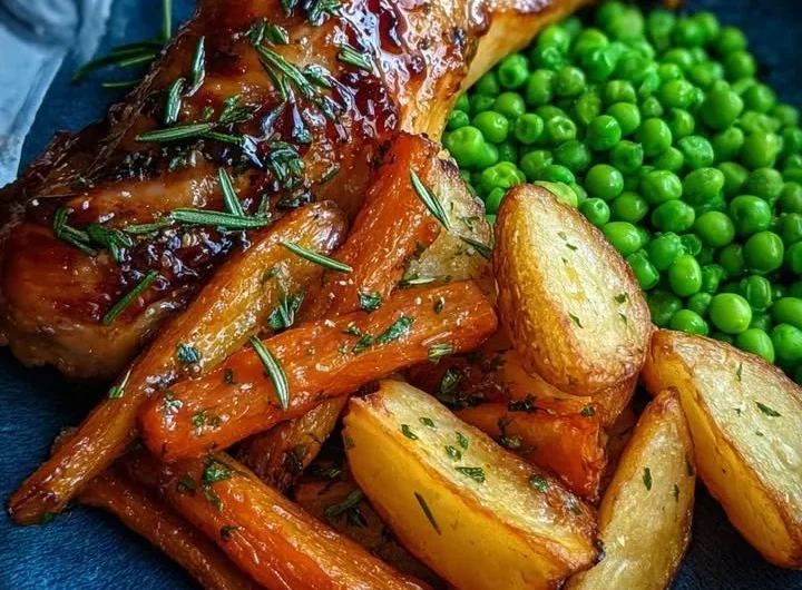 Herb Roasted Chicken leg quarter with baby potatoes, honey carrots, and peas