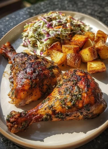 Herb roasted chicken leg quarters served with crispy potatoes and creamy coleslaw