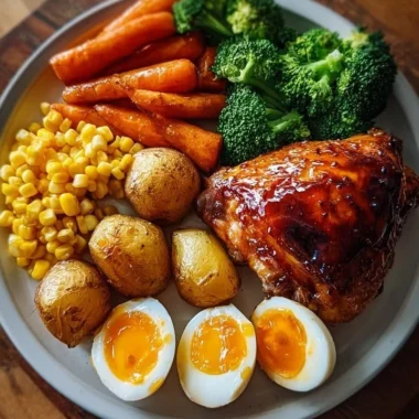 Honey glazed roast chicken served with vegetables and eggs.
