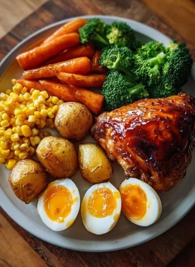 Honey glazed roast chicken served with vegetables and eggs.