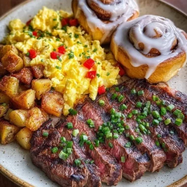 Juicy Steak And Eggs Breakfast Platter With Cinnamon Rolls 33 Juicy steak and eggs breakfast platter served with warm cinnamon rolls
