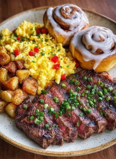 Juicy steak and eggs breakfast platter served with warm cinnamon rolls