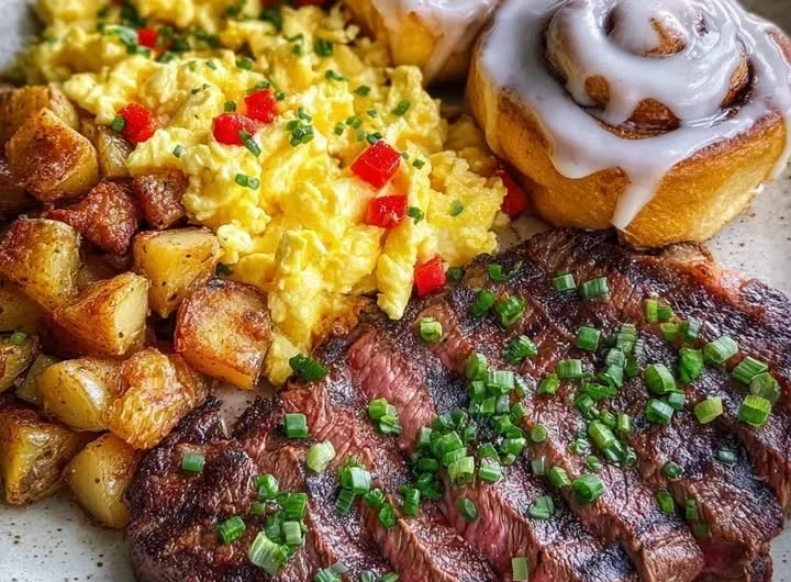 Juicy steak and eggs breakfast platter served with warm cinnamon rolls