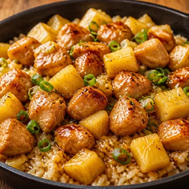 One-Pan Hawaiian Chicken with rice, colorful vegetables, and tropical flavors