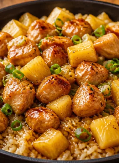One-Pan Hawaiian Chicken with rice, colorful vegetables, and tropical flavors