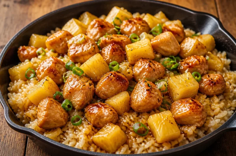 One-Pan Hawaiian Chicken with rice, colorful vegetables, and tropical flavors