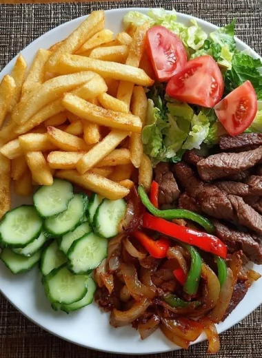 One-Pan Steak Fajita Fries served with vibrant peppers and onions