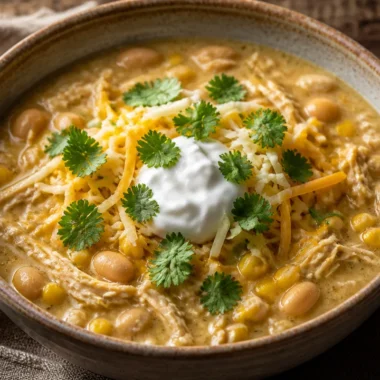 One-Pot White Chicken Chili 31 Delicious one-pot white chicken chili served in a bowl topped with cilantro.