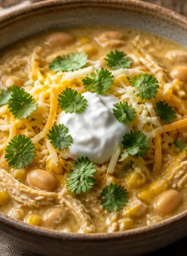 Delicious one-pot white chicken chili served in a bowl topped with cilantro.