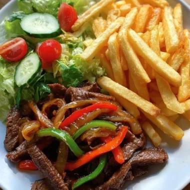 Delicious pepper steak stir-fry with crispy fries and fresh garden salad