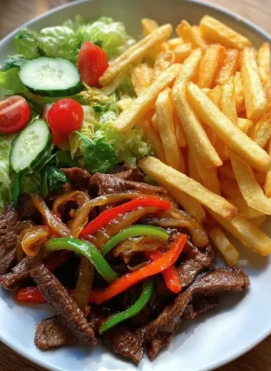 Delicious pepper steak stir-fry with crispy fries and fresh garden salad