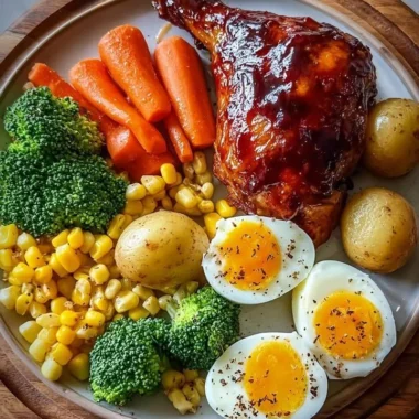 Smoky BBQ Chicken Leg Quarter With Veggies And Eggs 30 Smoky BBQ chicken leg quarter served with colorful veggies and eggs.
