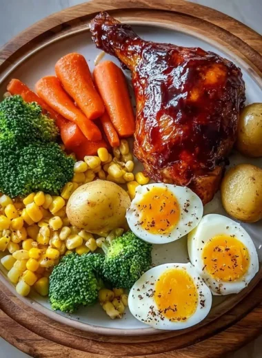 Smoky BBQ chicken leg quarter served with colorful veggies and eggs.