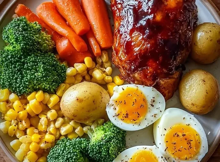 Smoky BBQ chicken leg quarter served with colorful veggies and eggs.