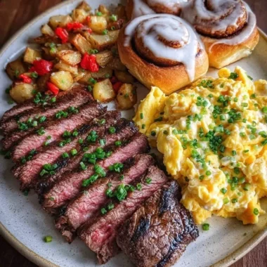 Steak Breakfast Plate with scrambled eggs and cinnamon rolls served on a plate