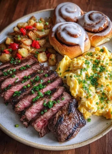 Steak Breakfast Plate with scrambled eggs and cinnamon rolls served on a plate