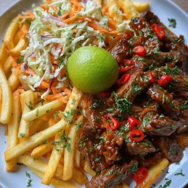 Delicious sticky chili beef strips served with crispy fries and coleslaw