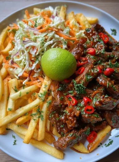 Delicious sticky chili beef strips served with crispy fries and coleslaw