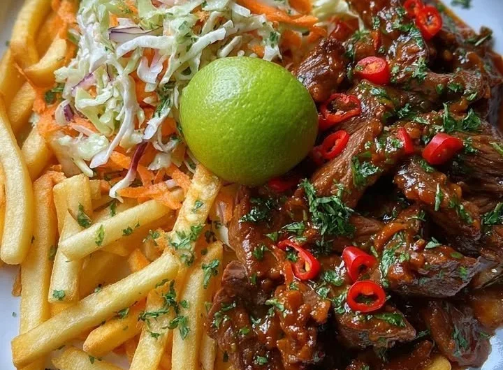 Delicious sticky chili beef strips served with crispy fries and coleslaw