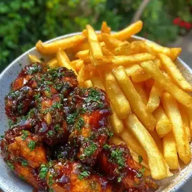 Sticky honey garlic chicken wings with crispy fries on a plate