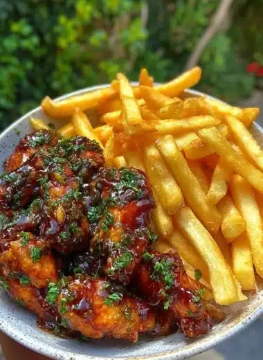 Sticky honey garlic chicken wings with crispy fries on a plate