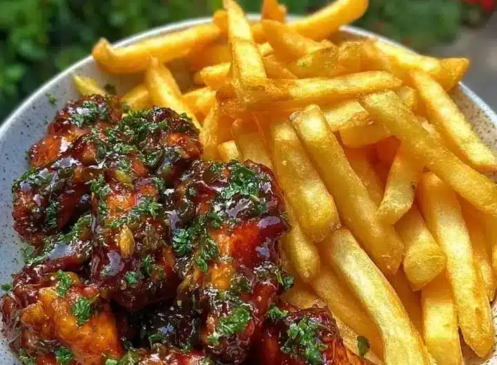 Sticky honey garlic chicken wings with crispy fries on a plate