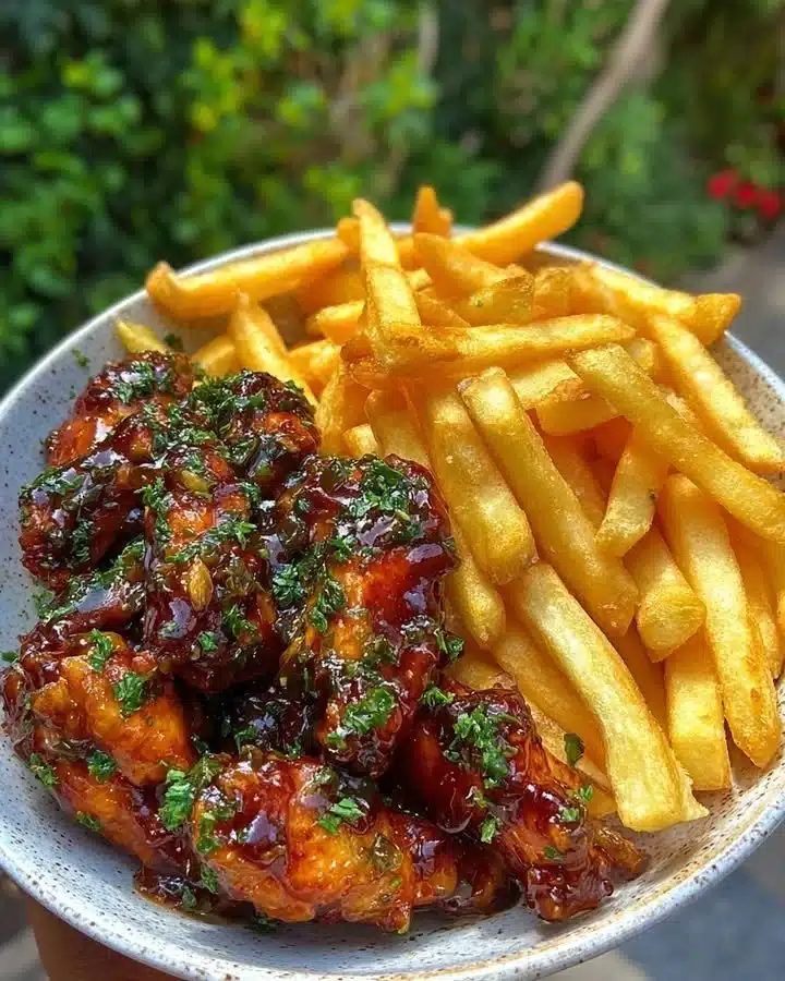Sticky honey garlic chicken wings with crispy fries on a plate