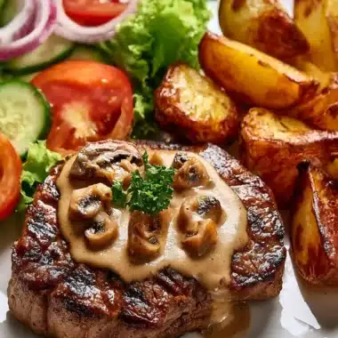 Creamy Mushroom Steak with Golden Potato Wedges & Fresh Garden Salad 29 Creamy mushroom steak dish accompanied by golden potato wedges and salad